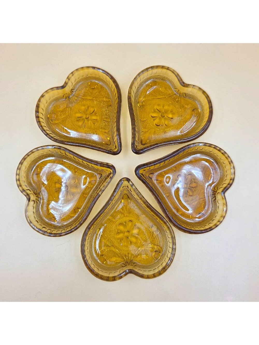 Indiana Glass Sandwich Amber Heart Ashtray Trinket Dish Set of 5 Vintage